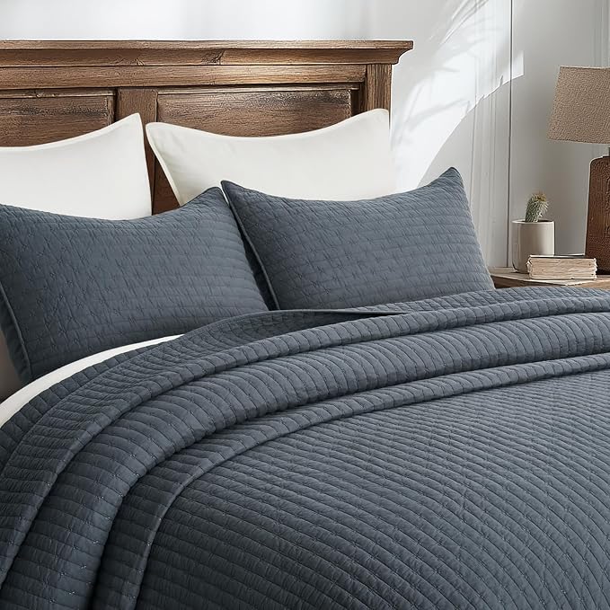 100% Cotton Cross Stitch 3-Piece Quilt Set, Queen, Midnight Blue | Cross Stitch Cotton Quilt, Pre-Washed Bedding Set, Oversized Lightweight Bedspread Coverlet, for All Season, with 2 Shams