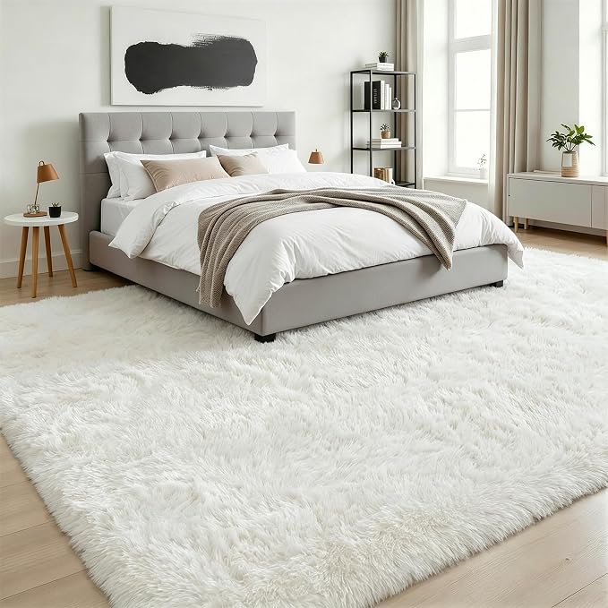8x10 Area Rug Living Room Bedroom: Fluffy Plush Shag Carpet Ivory | For Kids Room Playroom Nursery Home Decor,Ultra Soft,Non-Slip Non-Shedding,Fuzzy Plush,Large Indoor Floor Carpet,Easy Clean