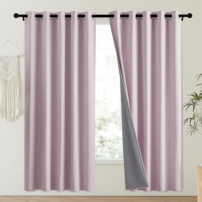 NICETOWN Pink Vintage Linen 100% Blackout Curtains for Playroom, Thermal Insulated Curtains 72" Long, Noise Reducing Window Treatment Drapes for Laundry Room, 62" Wide Per Panel, Set of 2
