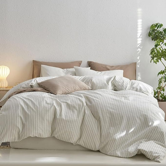 MooMee Striped Duvet Cover Set 100% Washed Cotton Linen Like | Relaxed Linen-like Texture. Soft, Breathable & Long-lasting Comfort. Lightweight. Hidden Zipper with 8 Interior Corner Ties