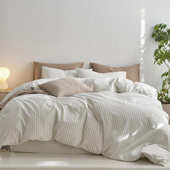 MooMee Striped Duvet Cover Set 100% Washed Cotton Linen Like Cal King | Relaxed Linen-like Texture. Soft, Breathable & Long-lasting Comfort. Lightweight. Hidden Zipper with 8 Interior Corner Ties