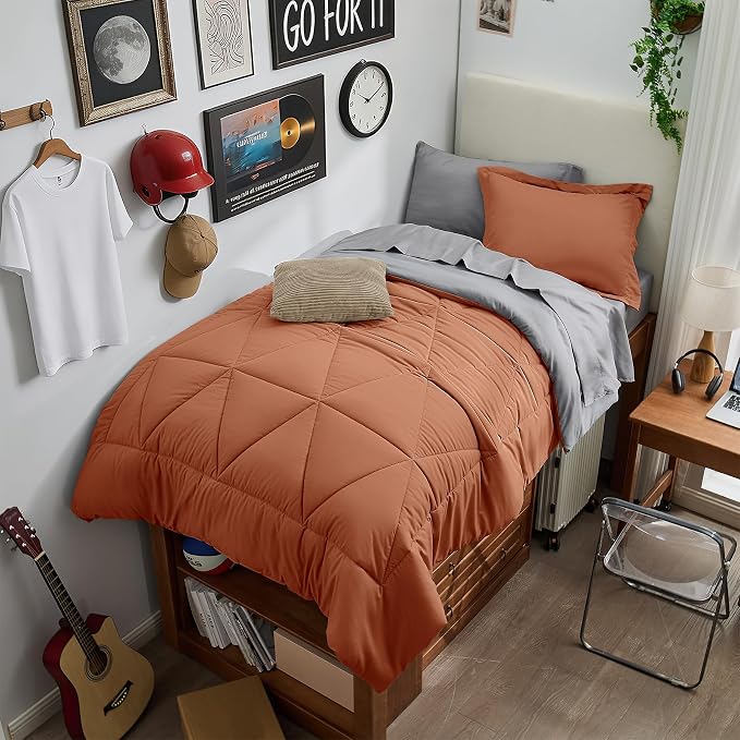 BEDELITE Twin XL Comforter Set 5 Pieces, Burnt Orange Bed in A Bag | Soft All Season Down-Alternative Comforter, Sheets, Pillowcases & Shams, OEKO-TEX Certified Bedding for Drom Room, College