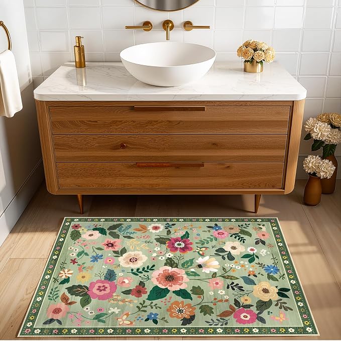 RELEANY Floral Washable 2x3 Area Rugs Doormat LightGreen | Flower Carpet, Print, Boho, Non-Slip, Easy to Clean, Soft, Low Pile for Living Room Bedroom Kitchen Office Entryway Hallway