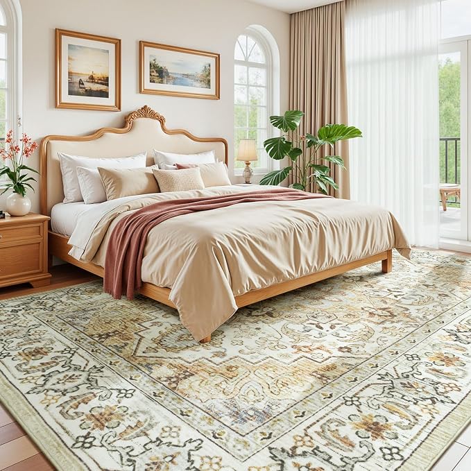 8 x 10 Area Rugs for Living Room, Washable Bedroom Large Rug, Beige | Boho Low Pile Rug for Dining Room, Floral Medallion Vintage Carpets with Non-Slip Backing, Kids Pet Friendly, Fit All Vacuums