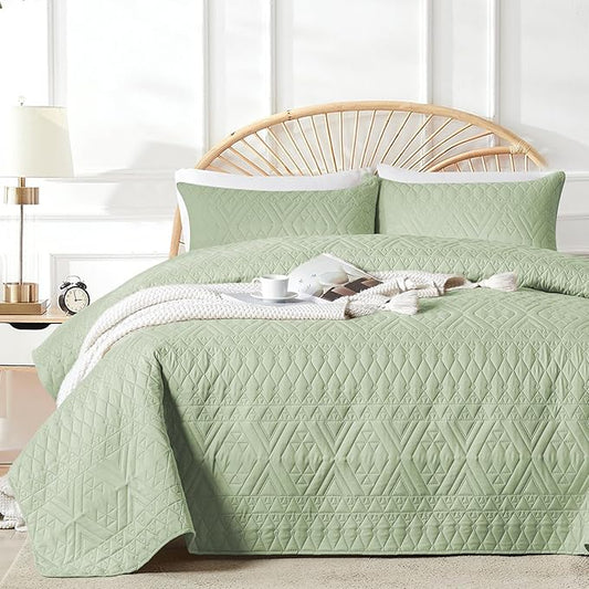 akkialla Twin Size Quilt Bedding Set,Sage Green Lightweight Microfiber Soft Bedspreads,Modern Style Geoetric Pattern Coverlet Set for All Seasons,2 Piece(1 Quilt,1Pillow Sham)