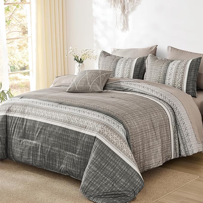 Dintszyayue Taupe King Comforter Size Set, 8 Pieces Striped Texture Bed in a Bag Bedding Sets, Lightweight Soft Comforter and Sheet Set, All Season Microfiber Teen Boys Bedding Sets for Men Women