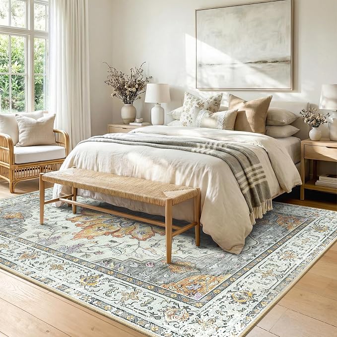 RELEANY Washable Area Rug, 8'x10', Beige/Carbon Grey/Orange | Non-Slip, Water Repellent, Pet Friendly, Easy to Clean, Vintage Floral Boho Decor for Living Room Bedroom Dining Room