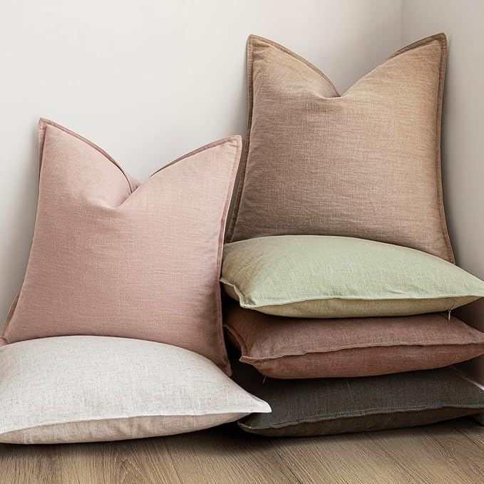 Foindtower Linen Solid Decorative Throw Pillow Covers 20x20 Inch Light Pink | Pack of 2 Boho Farmhouse Pillowcase,Accent Neutral Cushion Covers,Morden Home Decor for Chair Couch Sofa Bedroom Living Room