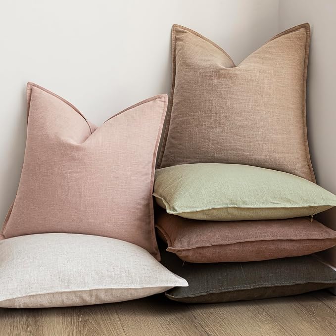 Foindtower Linen Solid Decorative Throw Pillow Covers 22x22 Inch Light Pink | Pack of 2 Boho Farmhouse Morden Pillowcase,Accent Rustic Cushion Covers,Home Decor for Chair Couch Sofa Bedroom Living Room