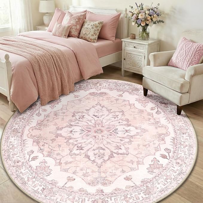 RELEANY Washable Area Rug, Round 6ft, Pink | Non-Slip, Water Repellent, Pet Friendly, Easy to Clean, Vintage Floral Boho Decor for Living Room Bedroom Dining Room