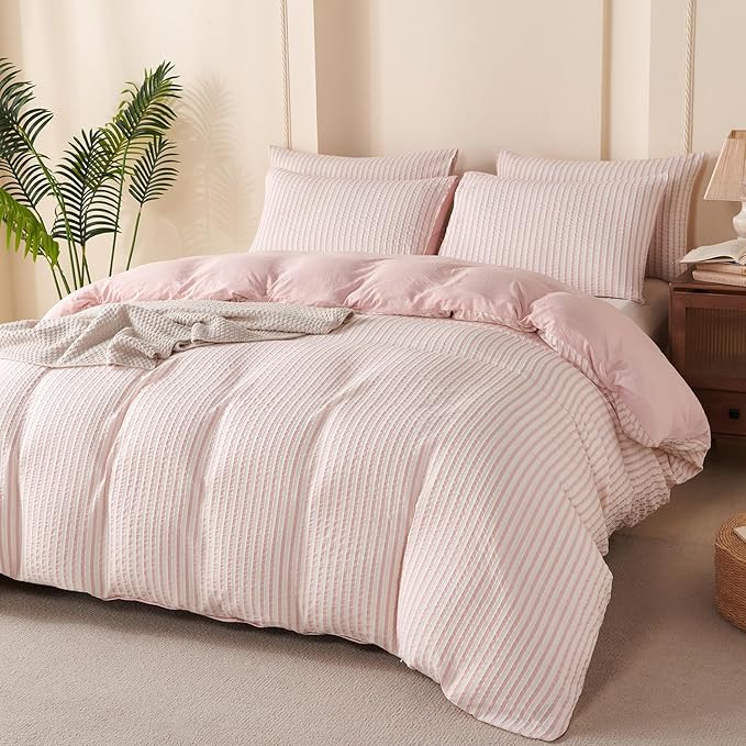 Comforter King Set Pink Striped Soft Luxury Washed Microfiber Jacquard 3 Pieces Bedding, White Pink Vertical Ticking Stripes Pattern Comforter with 2 Pillowcases Breathable Durable Comfy
