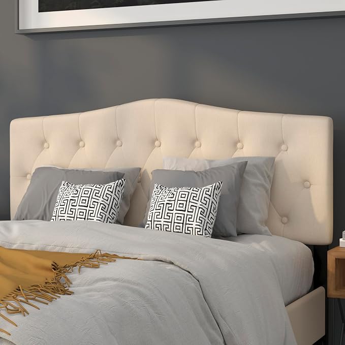 EMMA + OLIVER Beige Queen Tufted Headboard | Adjustable Bed Rail Slots, Fabric Upholstered