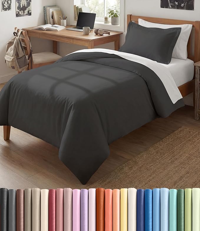 Duvet Cover Twin/Twin XL Size - 2 Piece with Zipper Closure - Charcoal | Extra Soft, Breathable, Twin/Twin XL Duvet Cover 68" x 90" w/ 1 Pillow Sham, Zipper Closures & Ties, Women, Men, Kids & Teens