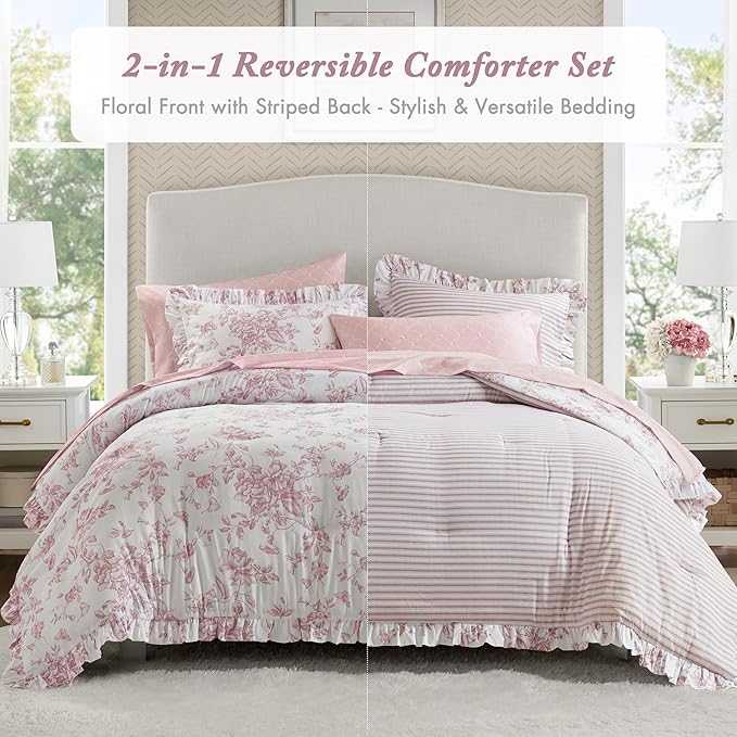 Madison Park Essentials Pink Floral Comforter Set with Sheets Cal King,7pc | Vintage, Ruffle Bed in a Bag, Reversible, Elegant Bedding Set, All Season, Machine Washable, Wrinkle Resistant, Ultra Soft