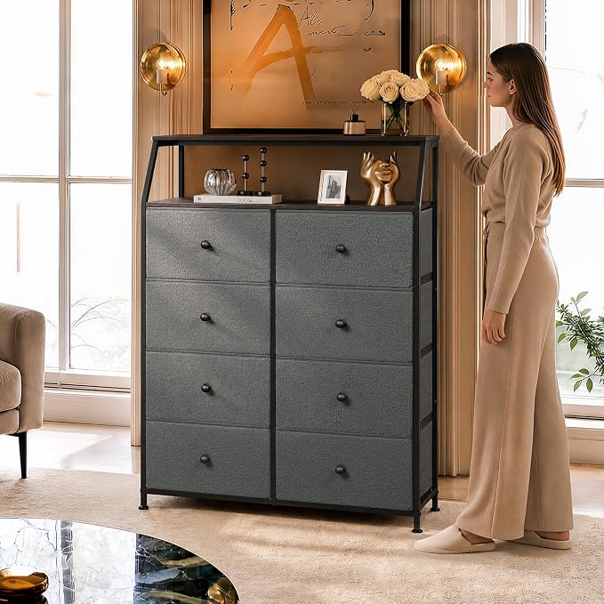 WLIVE Grey Boucle 8-Drawer Fabric Dresser Storage Tower Bedroom | Boucle fabric 8-drawer storage tower with open shelves and wood top, stylish for bedroom closet living room decor