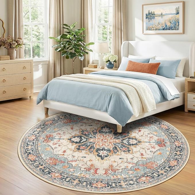 RELEANY Washable Area Rug, Round 8ft, Beige/Blue/Orange | Non-Slip, Water Repellent, Pet Friendly, Easy to Clean, Vintage Floral Boho Decor for Living Room Bedroom Dining Room