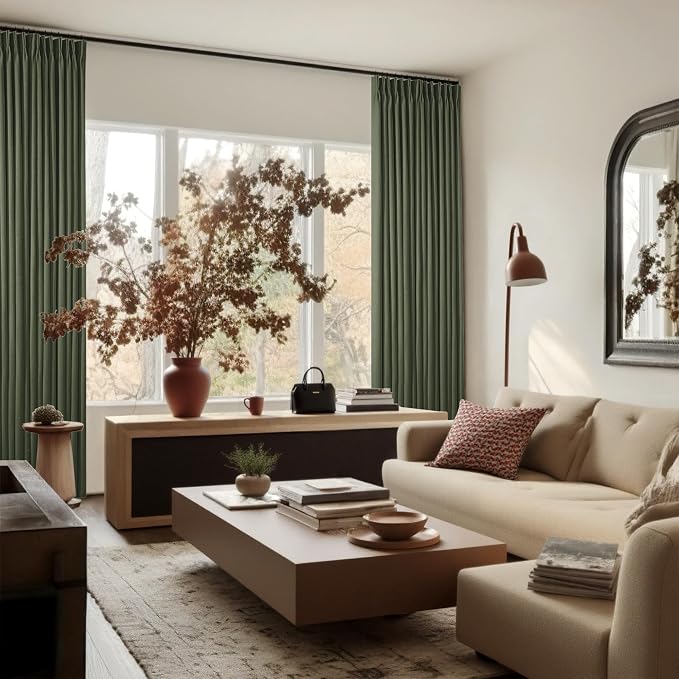 Olive Green Linen 100% Blackout 120 Inch Curtains for Living Room 2 Panels | Pinch Pleated Back Tab Drapes, Thermal Insulated Full Black Out, Farmhouse Boho, W40xL120 Curtains for High Ceiling to Floor