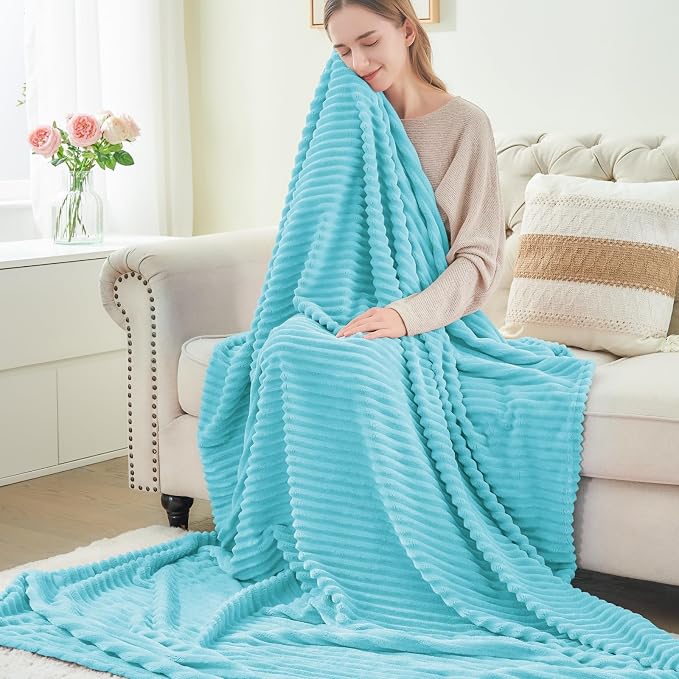 BEDELITE 3D Ribbed Light Blue Fleece Twin Blanket for Couch, 60x80 Inch | Soft Warm Fluffy Blanket for Bed Sofa College Dorm Room Decor, Luxury Cozy Plush Birthday Gifts for Women Girls, Lightweight