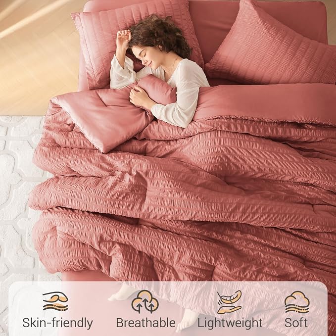 7 Pieces Full Comforter Set, Seersucker Bed in a Bag Full Size, All Season Luxury Bedding Set with Comforter, Flat Sheet, Fitted Sheet, Pillowcases & Shams, Coral