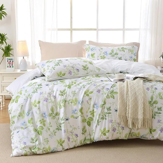 MUXHOMO Duvet Cover Queen Size, Reversible Floral Vintage Duvet Cover Set with Zipper Closure, 3 Pieces Botanical Patterns Soft Microfiber Bedding Set (90"x90", 2 Pillow Cases, Green Branch)