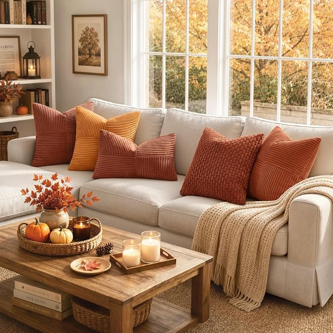 MIULEE Fall Rust Boho Decorative Throw Pillow Covers for Couch 16x16 Inch | 2 Pack, Boho Farmhouse Pillow Covers, Soft Cross Corduroy Patchwork Textured Cushion Cases For Bed Sofa