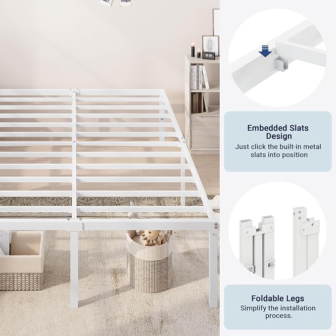 Allewie Full Size Bed Frame, 18 Inch Metal Beds with Storage Space, White | Heavy-Duty Metal Platform Beds, Large Under-Bed Storage Space, No Box Spring Needed, Easy Assembly