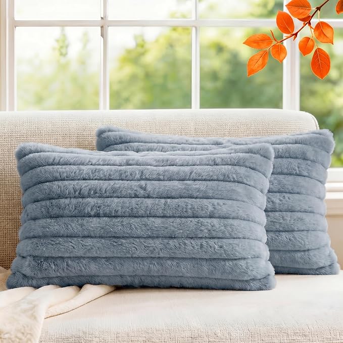 Pack of 2 Throw Pillow Covers 20x12 Decorative Solid Plush Faux Fur with Soft Velvet Back, Square Striped Cushion Cases Modern Farmhouse Home Decor for Living Room Couch Sofa Bed Serene Blue