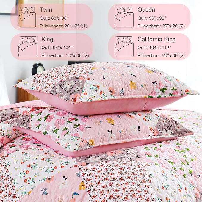 Whale Flotilla Patchwork Quilts Queen Size, Extra Soft Floral Bedspreads | Pink Reversible Lightweight Full Queen Quilt Bedding Set for Bed, Printed Coverlets with 2 Pillow Shams for All Seasons