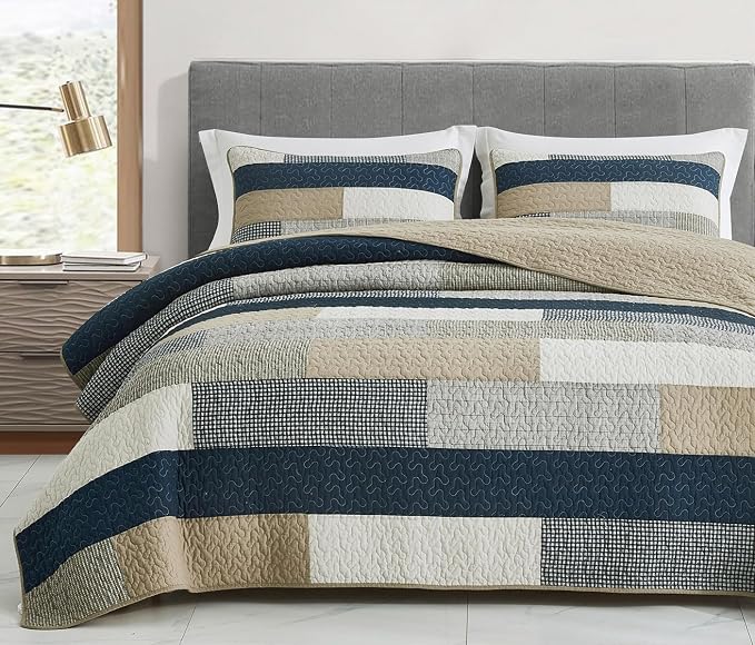 Chezmoi Collection Dylan 3-Piece Navy Blue White Gray Taupe Plaid Rectangular Patchwork Quilt Set - Pre-Washed Cotton Quilted Coverlet - Lightweight Bedspread for All Seasons, King Size