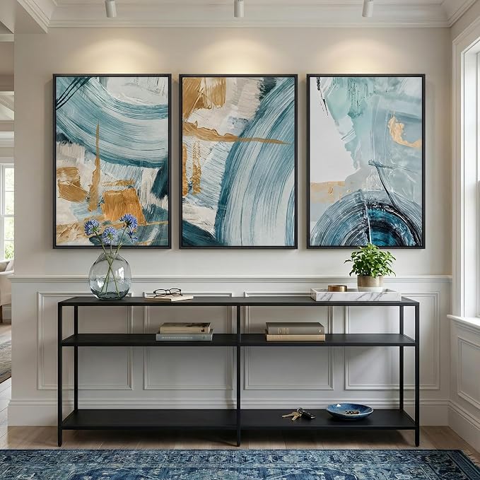 Large Framed Blue and Gold Abstract Wall Art for Living Room, 3 Piece 24x36 | Minimalist elegant pictures, Canvas prints, Modern paintings, Artwork for walls, Wall decor for dining bedroom hallway lounge