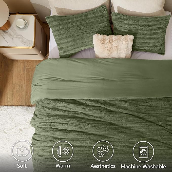 BEDELITE Faux Fur Queen Comforter Set, Fluffy Bed Set, Olive Green | Super Soft & Warm, Luxury Fuzzy Cozy Comforter for Winter, Heavy Plush Bed set, with 2 Pillowcases