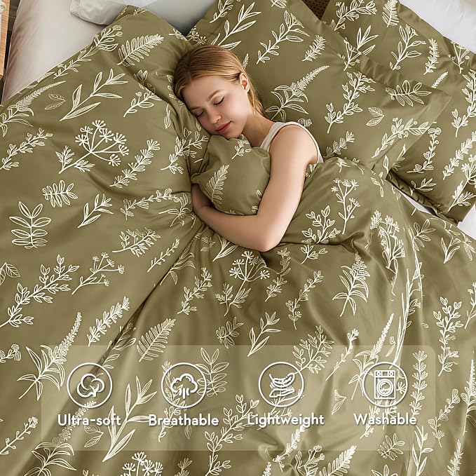 MUXHOMO Duvet Cover Full Size, Reversible Floral Olive Green Duvet Cover Set with Zipper Closure, 3 Pieces Botanical Patterns Soft Microfiber Bedding Set with 4 Ties (80"x90", 2 Pillow Cases)