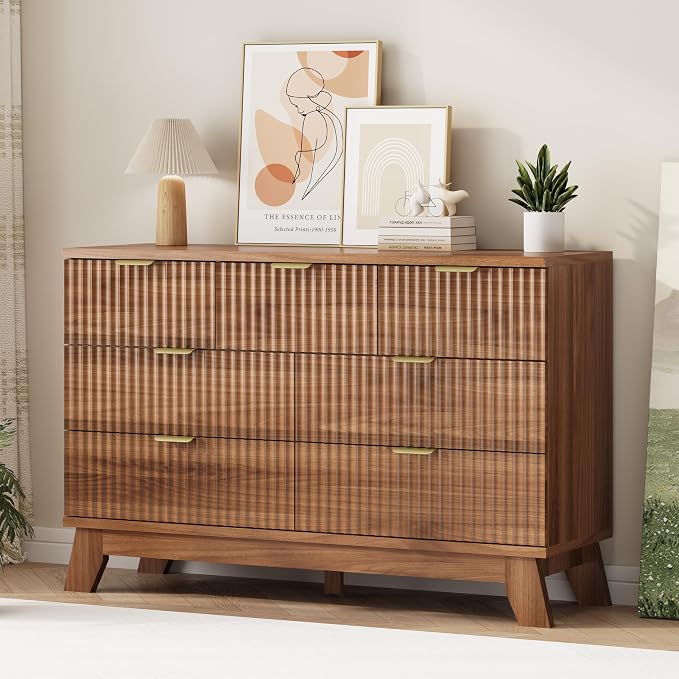 Xixini Fluted Dresser for Bedroom with 7 Drawers, 48" Wide Modern Chest of Drawers with Metal Handle, Wood Dresser TV Stand, Wooden Closet Clothes Storage Organizer for Living Room, Hallway, Walnut