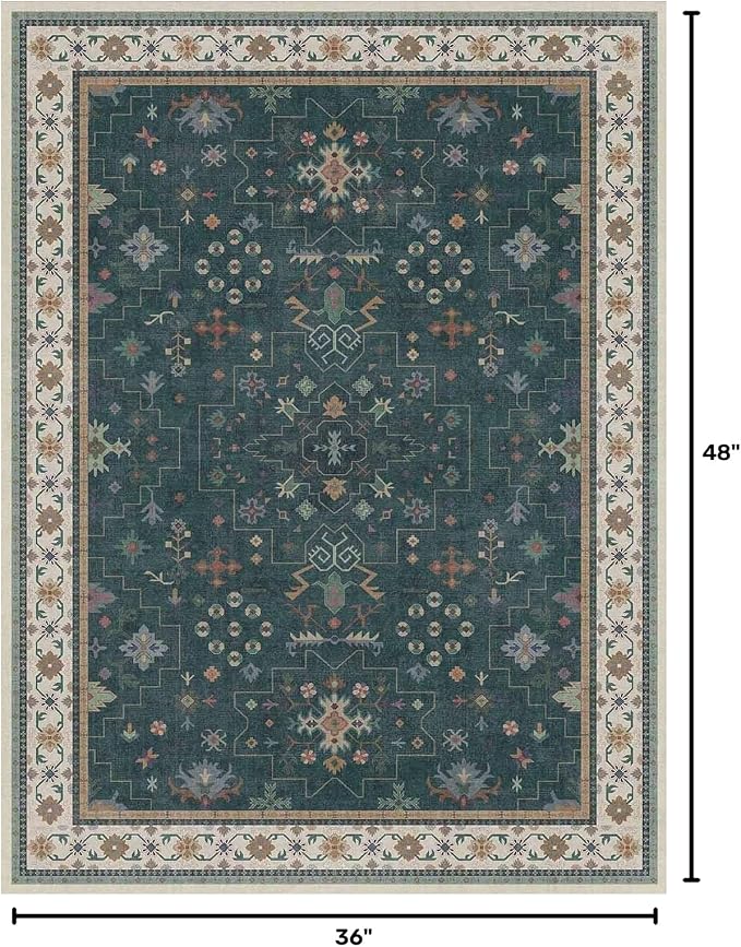 Dark Green Oushak 3x4 Large Entryway Rug - Modern Vintage Boho Floral, Washable Low Pile Non-Slip Area Rugs for Door Mat Indoor Entrance, Kitchen, Bedroom Beside Bed
