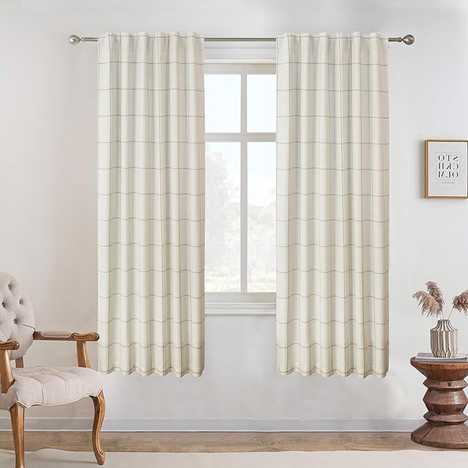 DriftAway 100% Blackout Plaid Linen Curtains 63 Inches Long 2 Panels Taupe | 100% Blackout, Linen Texture, Plaid Pattern, Two Layers, Rod Pocket & Back Tab, Bedroom Living Room Use, Luxury Appearance