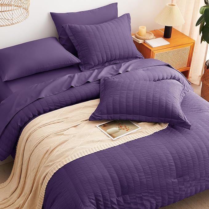 Full Size Comforter Sets, 7 Pieces Purple Seersucker Bed in a Bag | OEKO-TEX Certified, All Season Bedding Set with 240 GSM Down Alternative Comforter, Flat & Fitted Sheets, Pillowcases & Shams