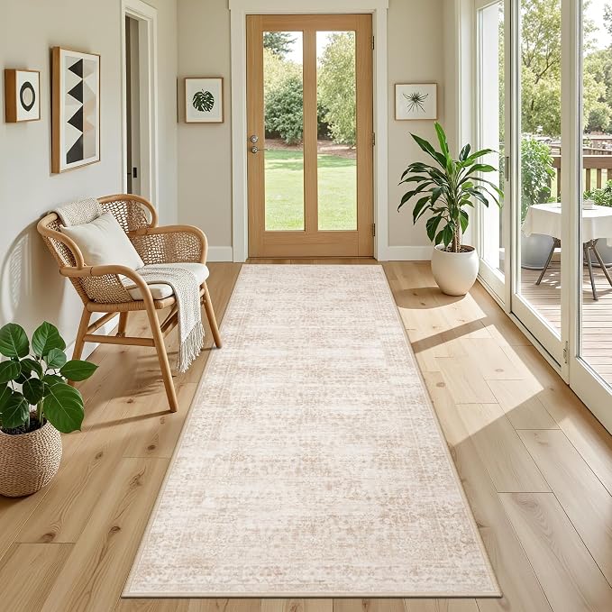 Hallway Runner Rug: 2.6x8 Kitchen Rugs for Living Room Beige Brown | Runner Rug Hallway Washable Rug No Slip Soft Bedroom Rug Indoor Floor Stain Resistant Carpets for Entryway, Laundry, Bathroom