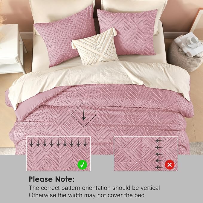 Litanika Queen Size Comforter Set, 3 Pieces Tufted Boho Bedding Set | Grayish Pink Farmhouse Shabby Chic Vintage Bohemian Textured Aesthetic Soft Fluffy Lightweight Breathable All Season Bed Set
