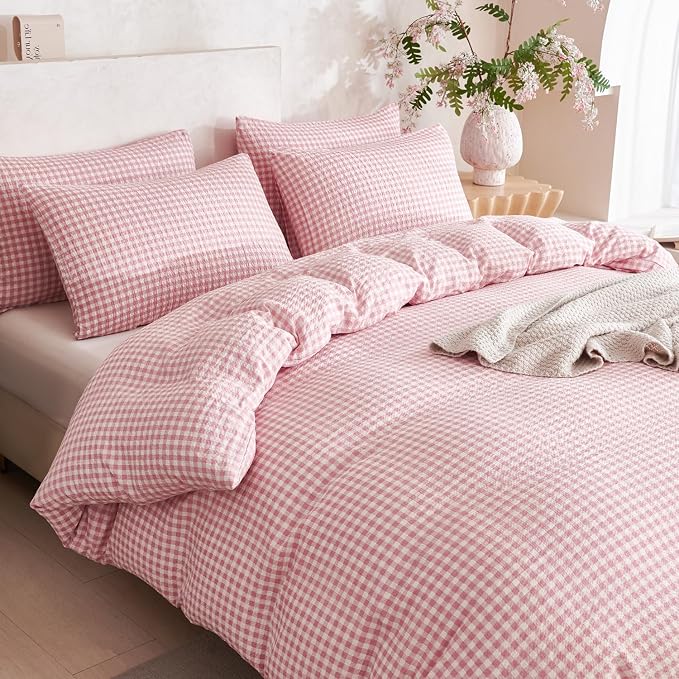 Comforter King Set Pink Grid Soft Luxury Washed Microfiber 3 Pieces Bedding, White Pink Grid Pattern Comforter with 2 Pillowcases Breathable Durable Comfy
