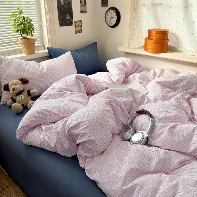 mixinni Pink White Striped Duvet Cover Queen Size, 3-Piece Washed Microfiber Vintage Striped Bedding Set, Soft Aesthetic Stripe Pattern Duvet Cover with Zipper Closure & Corner Ties for Women Girls