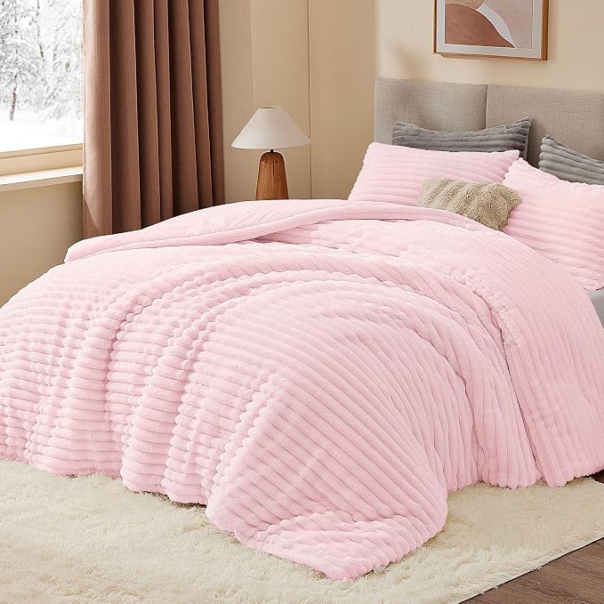 BEDELITE Fleece Twin/Twin XL Comforter Set, Fluffy Bed Set, Cherry Blossom | Super Soft & Warm Bedding, Luxury Fuzzy Faux Fur Comforter for Winter, Heavy Plush Bedding, with 1 Pillowcase