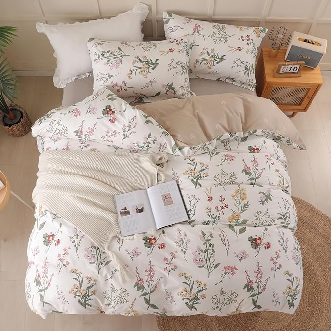 OAITE Queen Duvet Cover Set 3pcs 100% Cotton with Wildflower Botanical | Soft, Breathable,Long-lasting,Comfort,Hidden Zipper,8 Corner Ties,Easy Care for All Season