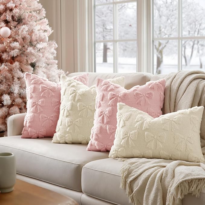 MIULEE Cream White Bow Pillow Covers Coquette Room Decor 20x20 | Aesthetic Decorative Cute Girl,Set of 2 Cushion Covers,Soft Plush Faux Pillowcases,Preppy Room Decor Bedroom Couch