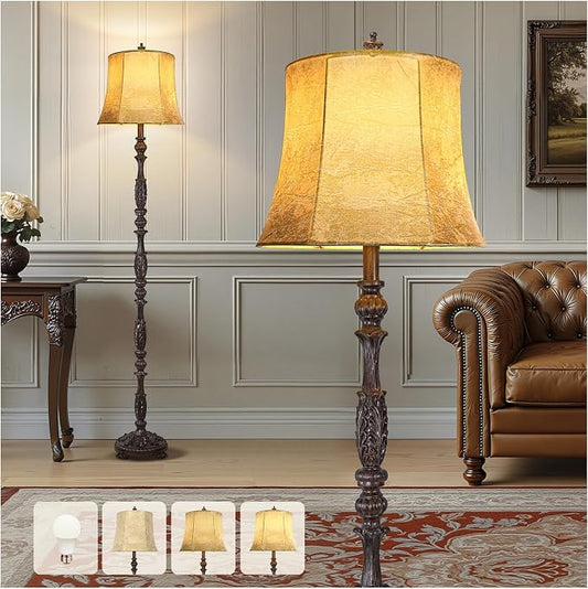 Scenekoy Vintage 66” Tall Floor Lamp for Living Room Bedroom, Dark Brown | Resin Carved Standing Lamp with Faux Leather Shade, 3-Way Adjustable Bulb, Rotary Switch Rustic Corner Light for Home Decor