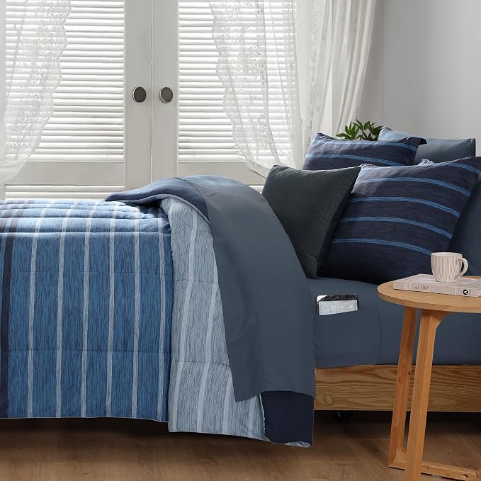 Monbix King Size Comforter Set, 7 Pieces Soft Bed in a Bag King Bedding Set | All Season Navy Blue Striped Reversible Comforter with Sheets, Pillowcases & Shams
