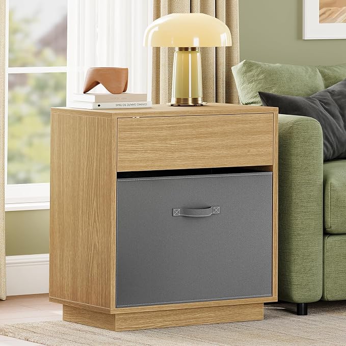 TEENFON Nightstands Set of 2, Night Stand with Drawer, Nightstand with Metal Slide, Nightstands Bedside Table with Removable Fabric Drawer, Night Stands for Small Space, Bedroom, Natural