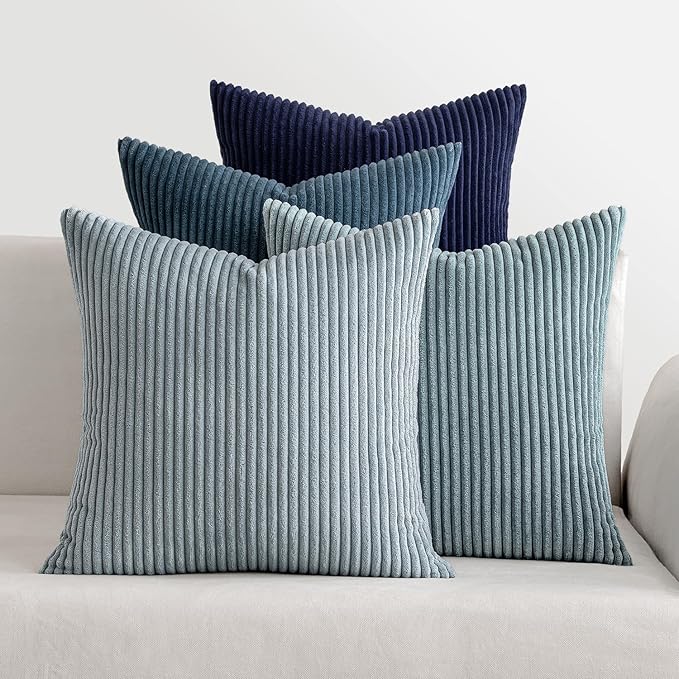 MIULEE Soft Corduroy Decorative Throw Pillow Covers Blue Navy Series 18x18 | Set of 4, Modern Nordic Coastal Decor, Classic Blue Palette, Boho Farmhouse Cushion Covers for Couch Bed Sofa Living Room