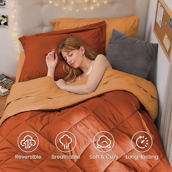 5 Pieces Twin XL Comforter Set, Reversible Bed in a Bag Twin XL Size, All Season Bedding Set with Comforter, Flat Sheet, Fitted Sheet, Pillowcases & Shams, Burnt Orange & Camel