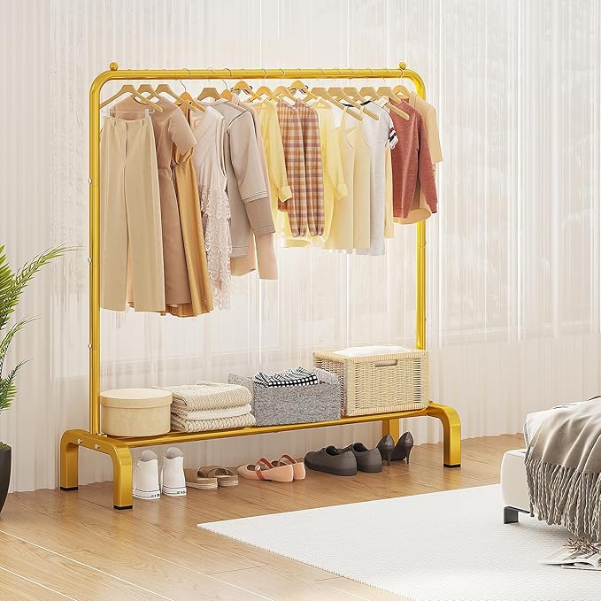 JIUYOTREE Metal 43.3 Inches Garment Rack with Bottom Shelf Clothing Rack for Hanging Clothes Coats Skirts Shirts Sweaters Gold | Metal 43.3 Inches Garment Rack Clothing Clothes Rack with Bottom Shelf for Hanging Clothes Coats Skirts Shirts Sweaters Gold