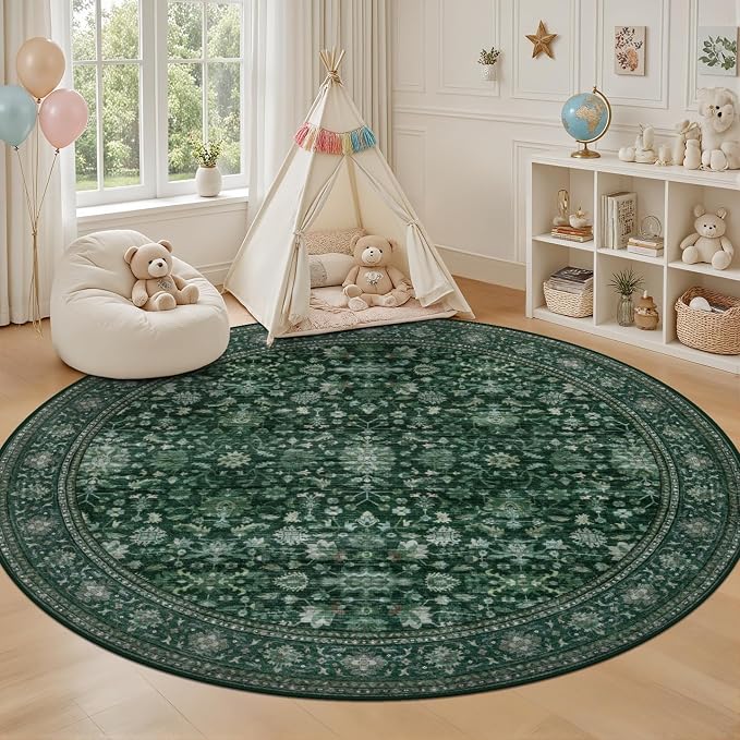 Round Area Rug for Living Room: 8ft Boho Washable Rug Deep Green | Vintage Boho Soft Round Rug Indoor Floor No Slip Carpet Stain Resistant Rugs for Bedroom Dining Room Nursery Home Office